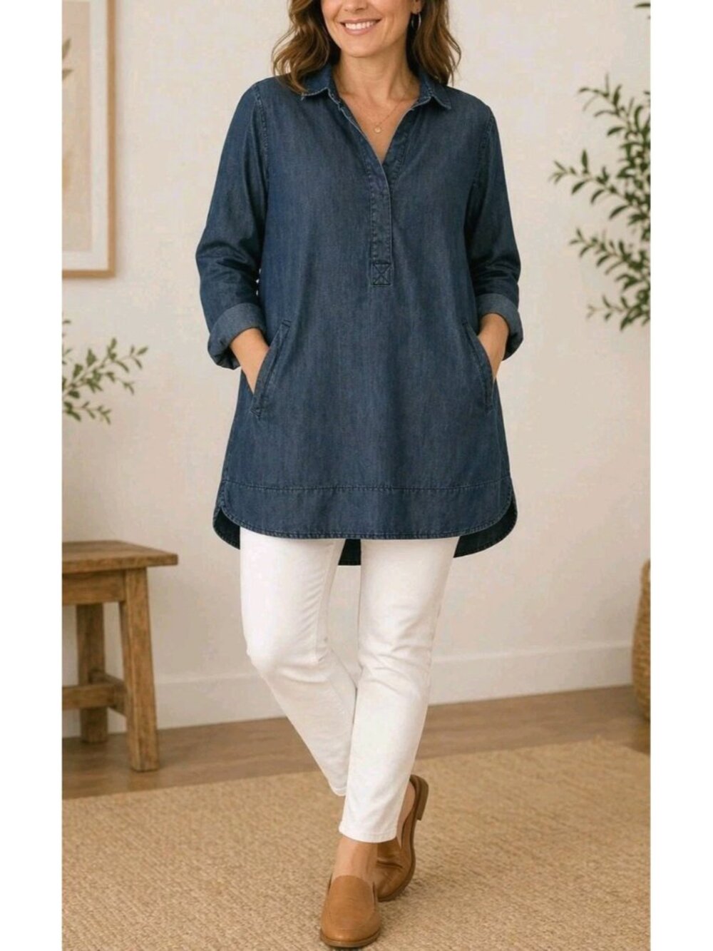 Workshop Republic Clothing Tunic Denim Collared Roll-Tap Sleeves Pockets - 1X